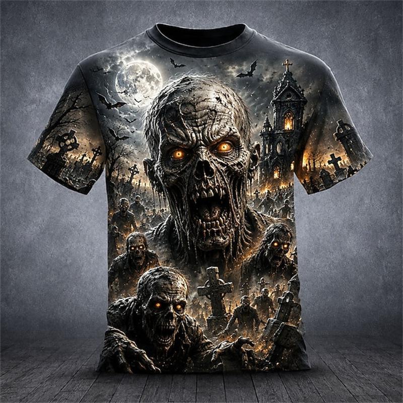Herren T-Shirt mit Skelett-Print 3D-Druck Kurzarm Dunkler Gothic-Stil Herren Kurzarmhemd Halloween Horror-Thema Oberteil