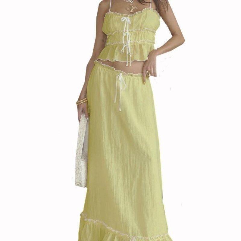 

Универсальная новинка женская одежда 2024 лето на бретелях с бантом свежий топ с рюшами сказочный костюм с юбкой Yellow L