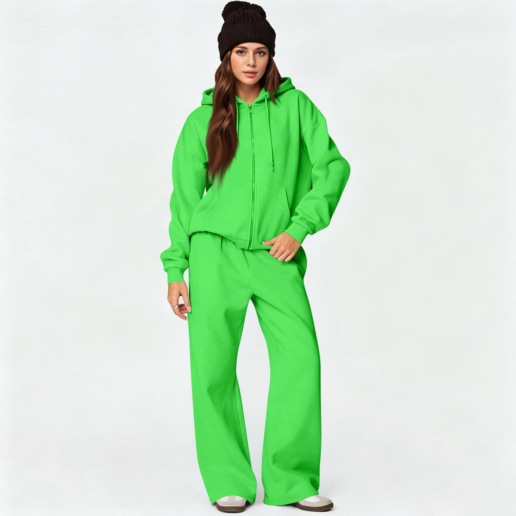 Damen Reißverschluss Hoodie und Weite Hosen 2-teiliges Set, Lockerer Trainingsanzug