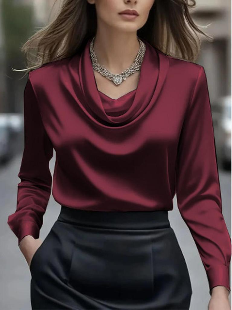 Autumn Fashion Elegant Chic Solid Color Simple Stand Collar Long Sleeve Shirt Women