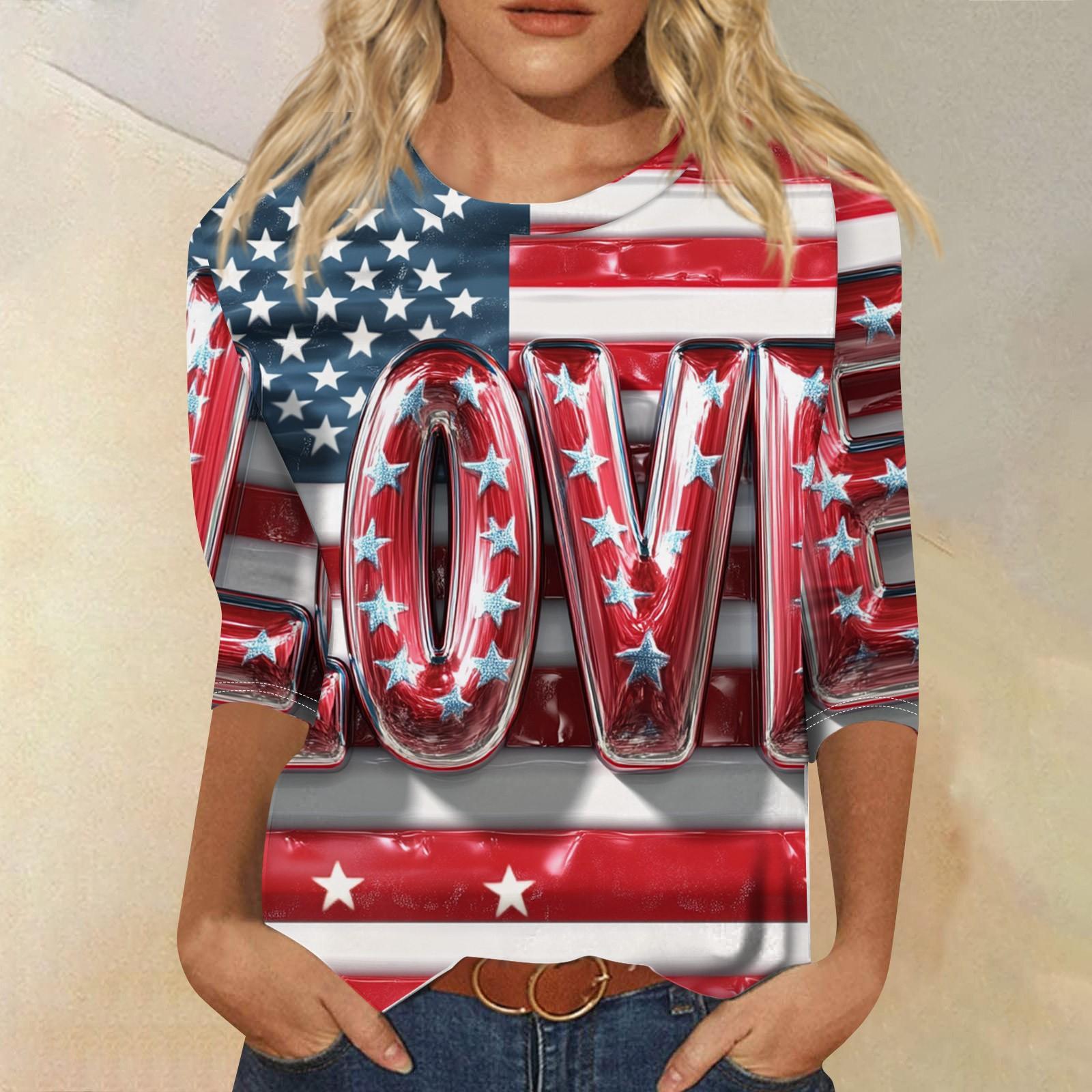 

Women s Fashion Casual 3/4 Sleeve Independence Day Printed Round Neck Pullover Top XXXL Кіновар
