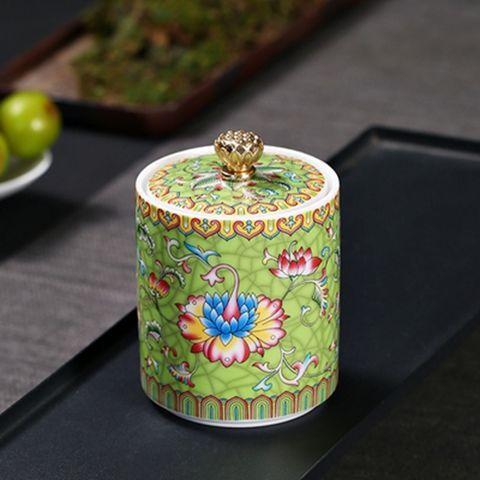 Creative Enamel Painted Flowers Ceramic Tea Jar Moisture-proof Seal Coffee Bean Candy Jar Kitchen Food Storage Container Decor