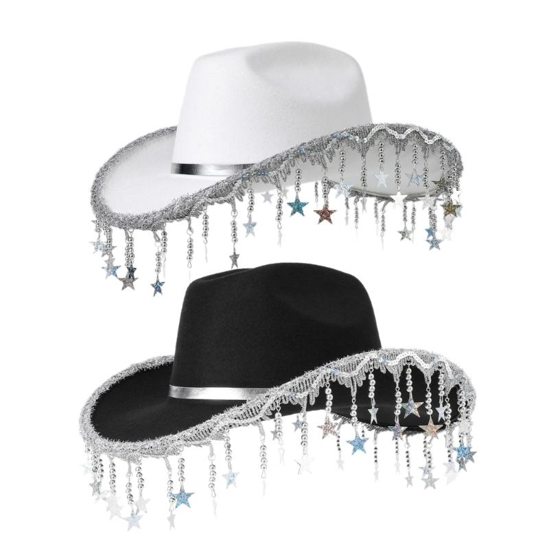 Shimmering Sequins Star Fringe Cowboy Hats Woman Female Lightweight Cowboy Hats Western Party Hat Male Windproof Hat