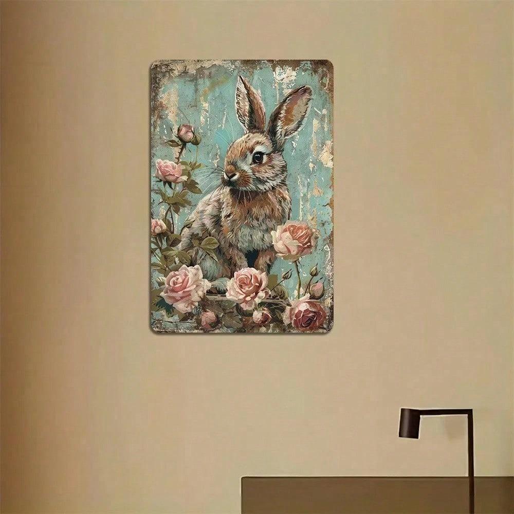 Rustic Metal Wall Art, Vintage Barn Wood Style Floral Rabbit Sign for Home Garden Decor