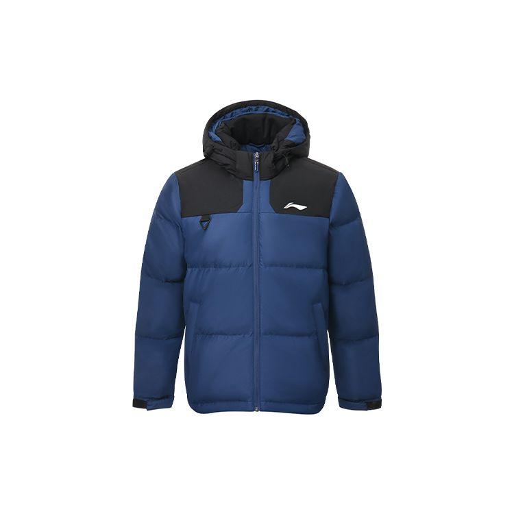 Li Ning Badminton Series Color Block Logo Print Windproof Thickened Down Jacket Men outerwear Navy-Blue AYMS213-2