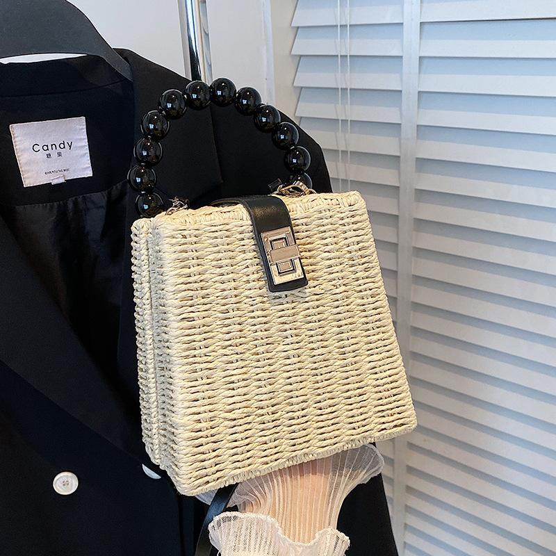 Summer Rattan Small Square Bag Casual Style Beach Bag Handbag Woven Handmade Top-handle Bag Shopping Portable Purse Totes