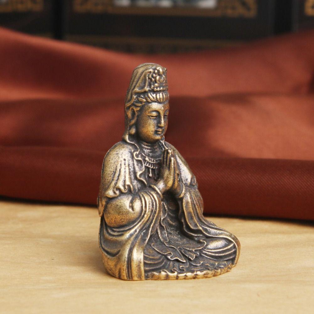 Mini Guanyin Buddha Statue Meditate Brass Buddha Ornament GuanYin Bodhisattva Ornament  Toy Gift