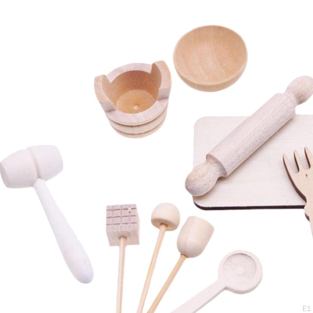 11 Pieces 1/12 Miniature Baking Set, Wooden Kitchen Utensils, Mini Model Doll Accessories Decoration