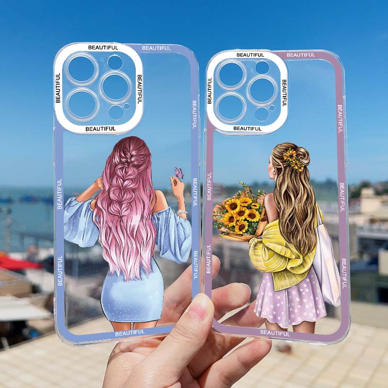 Pretty Girl Clear Phone Case For iPhone 11 12 13 Pro Max 15 14 Pro Max Plus X XS XR 7 8 Plus SE 2020 Transparent Back Cover Capa