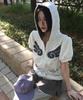 Einige Orte Engel Hoodie Check Kontrast Detail Tasche Kordelzug Puff Kurzer Ärmel Reißverschluss Hoodie [Baekmerange]