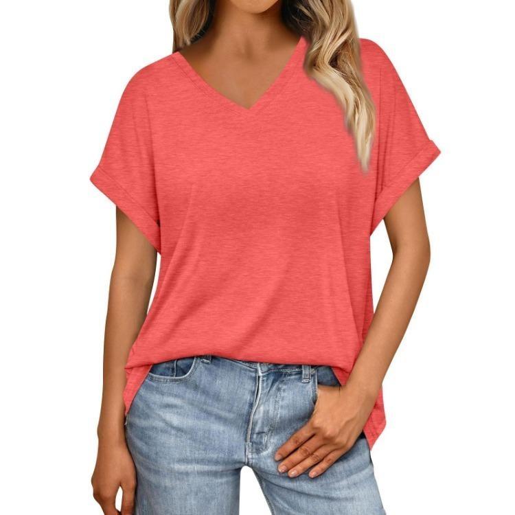 Damen Sommer V-Ausschnitt T-Shirt Locker Kurzarm Einfarbig Mode Top