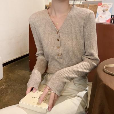 V-neck Bottoming Shirt Women's Autumn and Winter New Simple Design Slim-fitting Long-sleeved Sweater Knitted Sweater Top