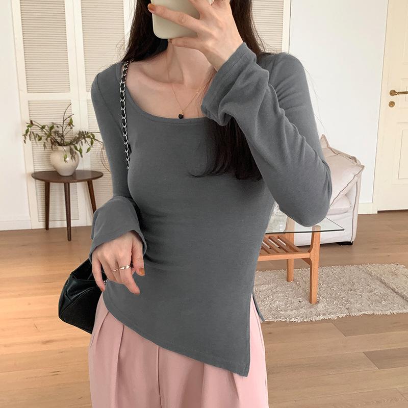 

Футболка в корейском стиле с простыми квадратными круглыми вырезами и длинными рукавами, женская осенняя приталенная рубашка с разрезом на талии и расклешенными рукавами XL