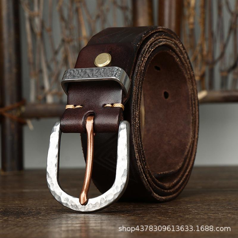Washed Retro Old Engraved First Layer Cowhide Belt Men'S Genuine Leather Hammered Steel Buckle Korean Version Trendy Jeans Belt