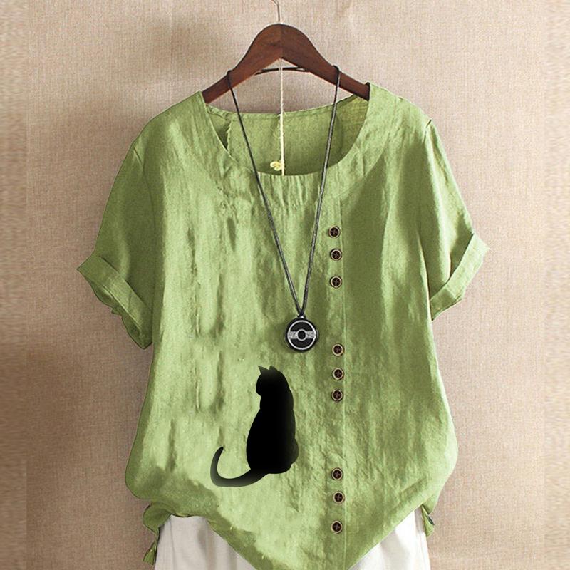 

Жіноча модна футболка з круглим вирізом і короткими рукавами з принтами «Чорний кіт» у повсякденному стилі, бавовняна льняна сорочка з графічним малюнком. Вільна літня блузка для відпочинку. 5XL зелений