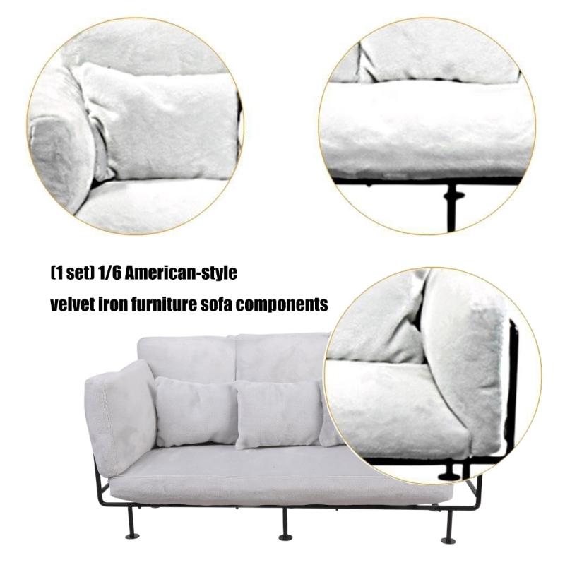 European Styles Velvet Sofa Furniture With Removable Cushion And Metal Frame for 1/6 Doll House Scene Display Accessories