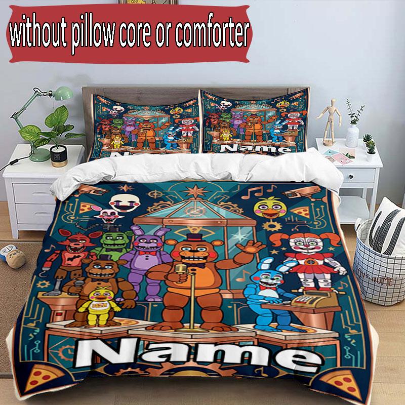 3-teiliges Bettbezug-Set (1 * Bettbezug + 2 * Kissenbezug, ohne Kern), Benutzerdefinierter Name Five Nights at Freddy's Muster Bettwäsche-Set, Heim Schlafzimmer Dekor Geschenk