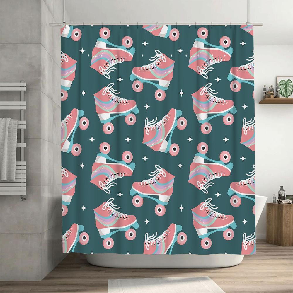Retro Skateboard Pattern Shower Curtain Roller Skates Design Bathroom Decor for Kids Room Blue Pink Colorful Plaid Print Made in