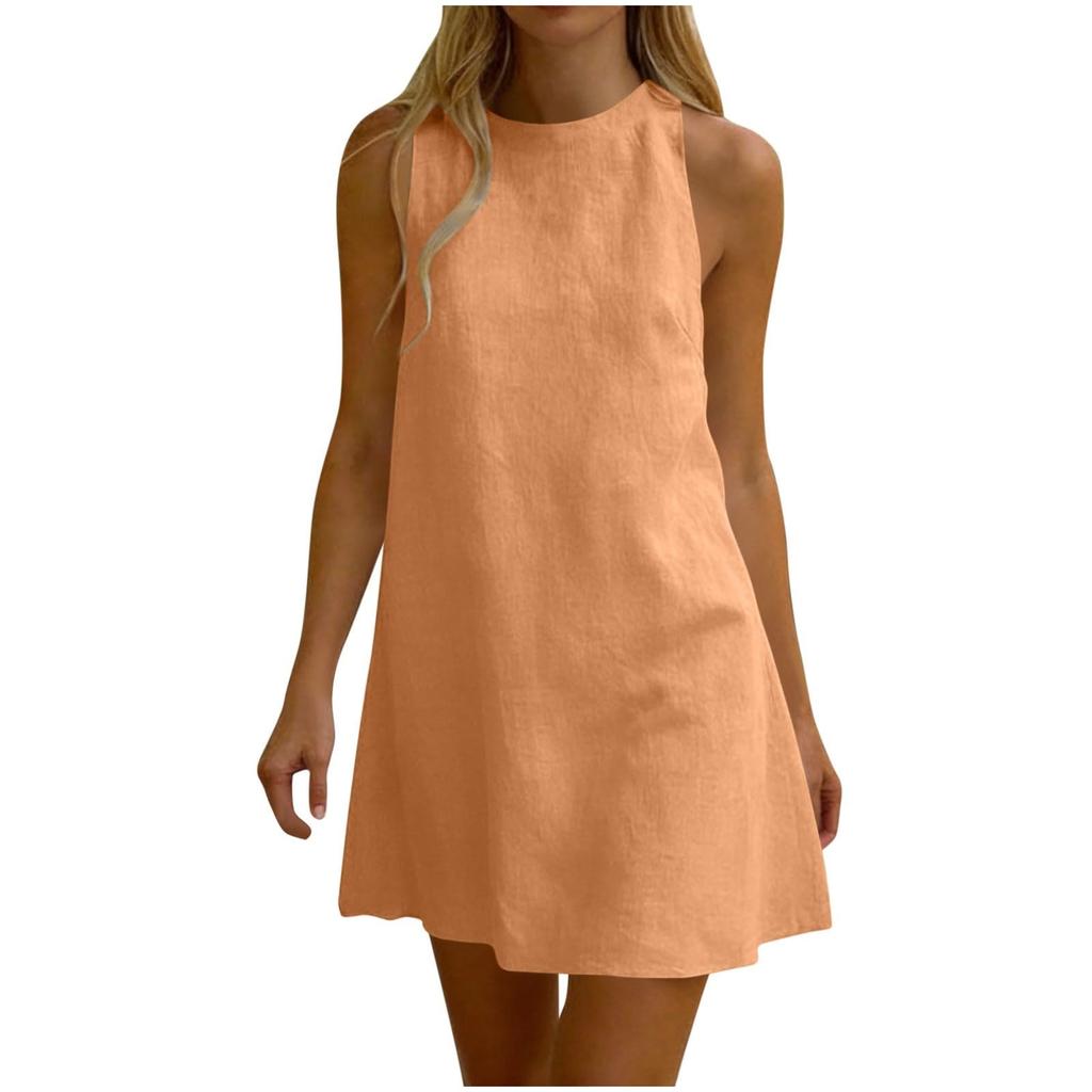 Sleeveless Pleated Dress Round Neck Short Dress Casual Vacation Dress Lightweight Summer Dress for Women