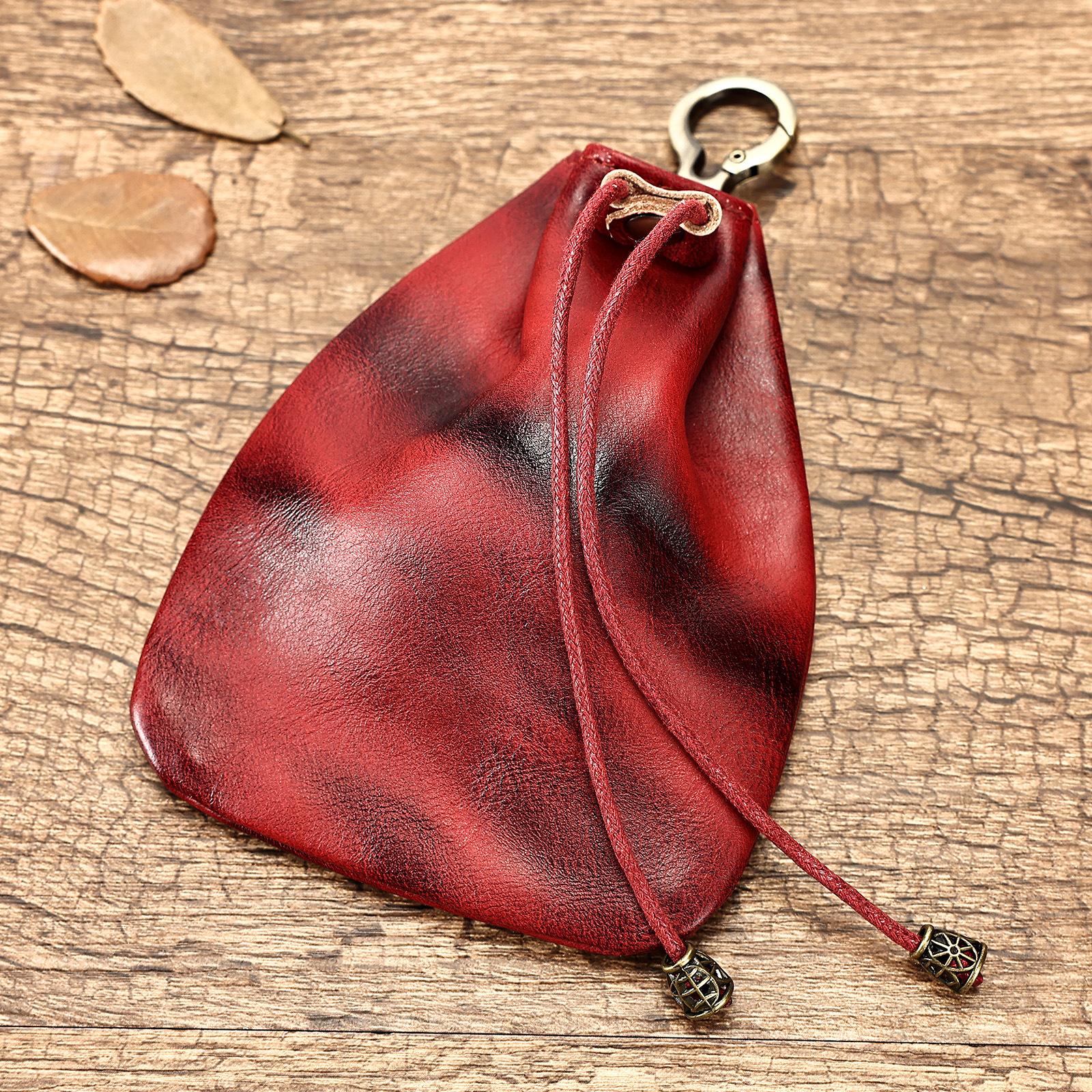 

Портативная сумка для монет, затягивающаяся шнурком, кожаная сумка для мелочи, мужская и женская поясная сумка для ключей красный