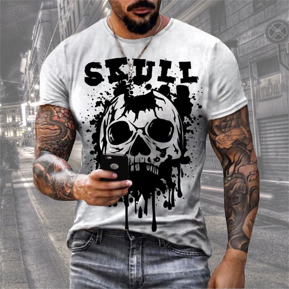 New Men's T-Shirts 3D Skull Printed Black Streetwear Short Sleeve Round-Neck Horror Halloween Man Tops Loose Fashion Gothic Tees
