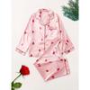 Strawberry Pattern Satin Long Sleeve Tops & Pants Pajama Set for Valentine's Gifts