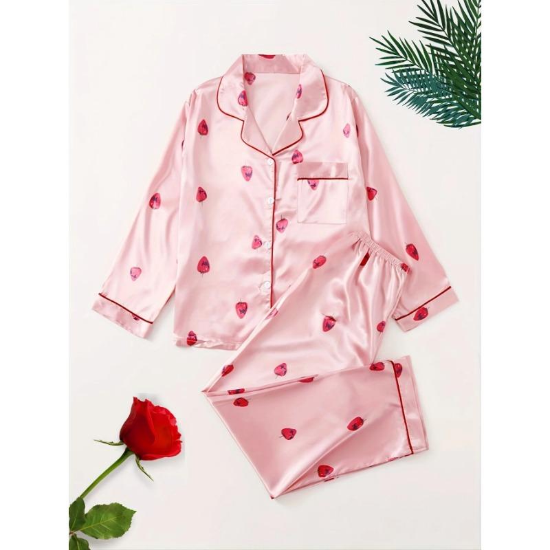 Strawberry Pattern Satin Long Sleeve Tops & Pants Pajama Set for Valentine's Gifts