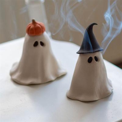 Halloween Ghost Incense Burner With Pumpkin And Wizard Hat Design Resin Ornament For Home Fragrance And Spooky Decoration