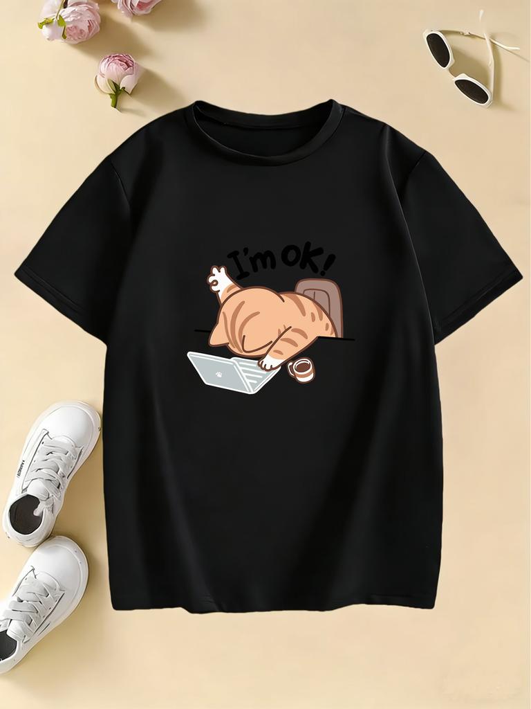 Funny I Am Ok Computer Cat T Shirts Manga Kids Childrens Tshirt Boys Girls Summer Spring Casual Top Tee