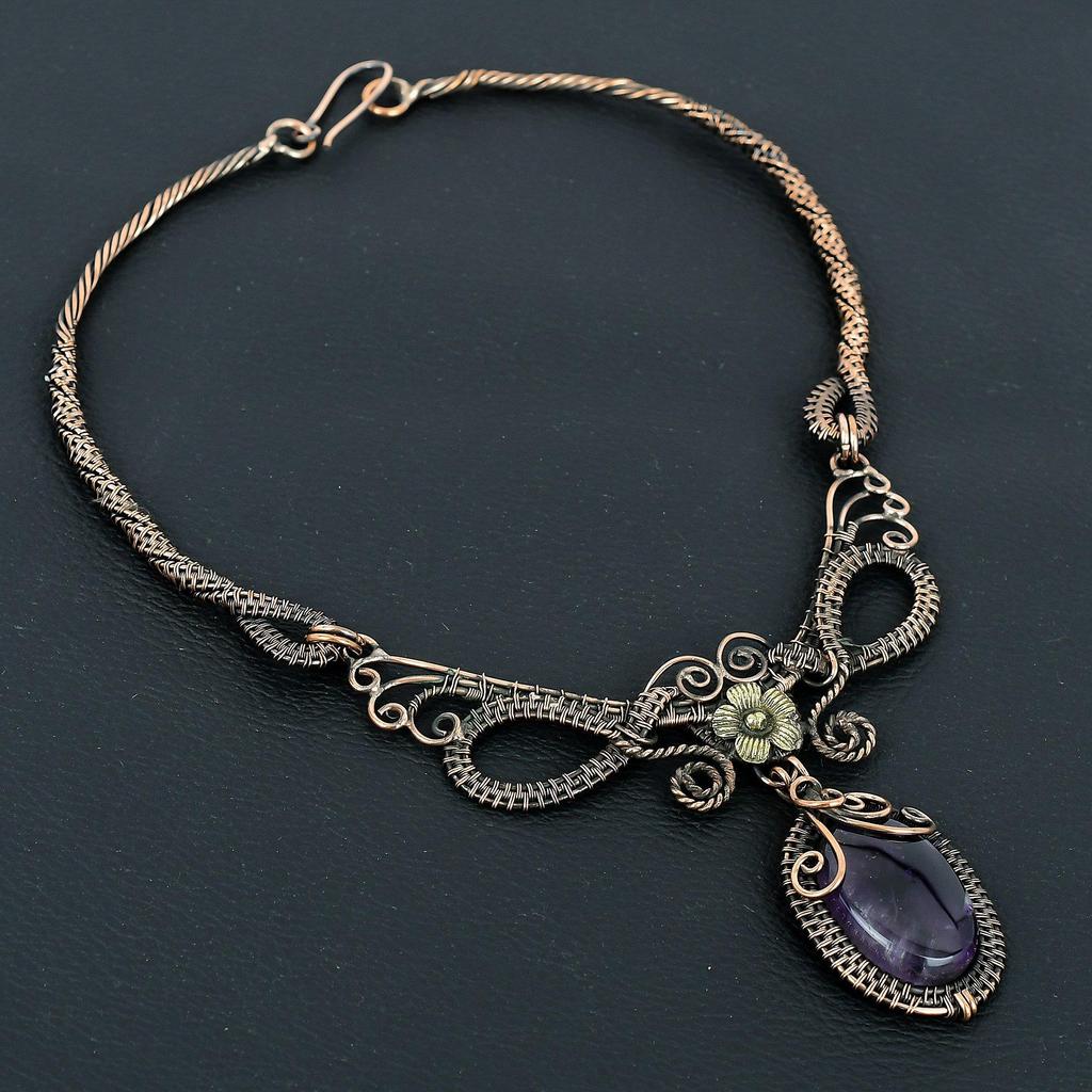 Amethyst Handmade Gemstone Necklace, 999 Copper Wire Wrapped Antique Jewelry Adjustable Chain Necklace, For Engagement Gift