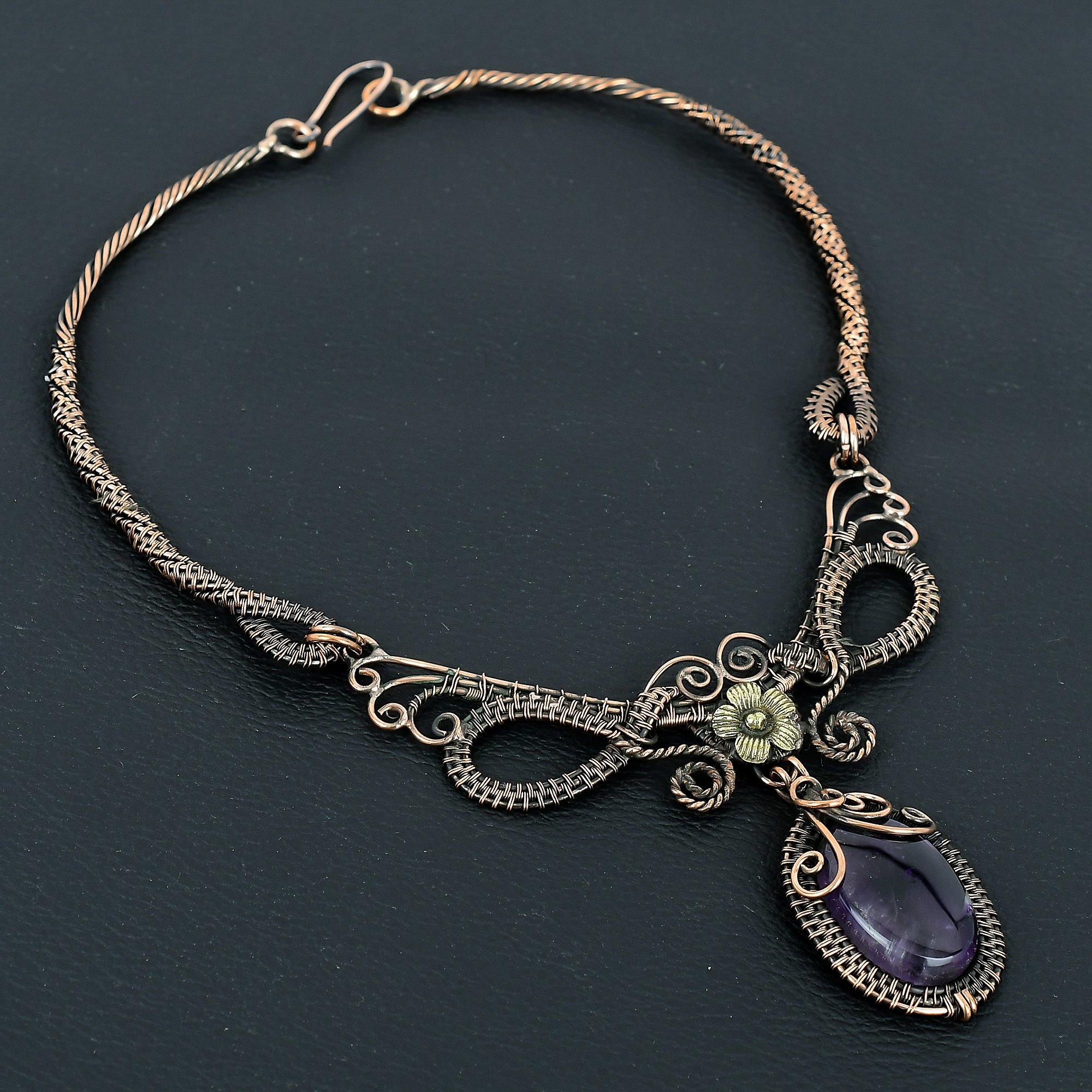 

Amethyst Handmade Gemstone Necklace, 999 Copper Wire Wrapped Antique Jewelry Adjustable Chain Necklace, For Engagement Gift 2.55 Inches