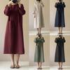 Abito midi in cotone e lino taglie forti da donna con tasche - Abito artistico vintage a maniche lunghe in stile giapponese per donne taglie forti