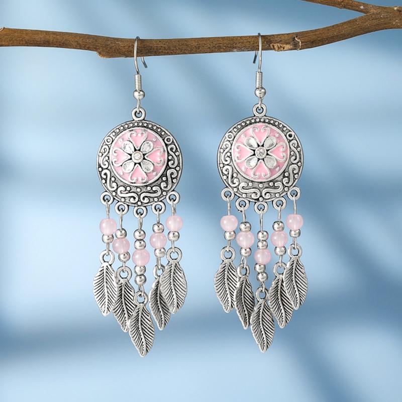 Vintage Ethnic Crystal Bead Leaf Dangle Earrings for Women Silver Color Carved Handmade Earring Female Pediente Bijoux