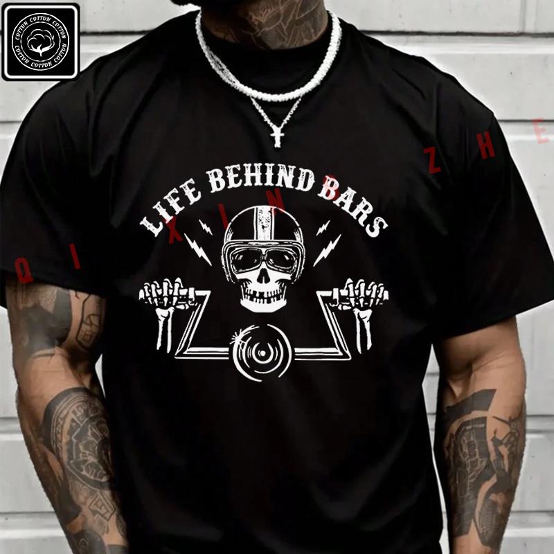 Men T Shirt Life Behind Bars Motorcycle Skull Design T-Shirt Cotton Men‘s Summer Short Sleeve T