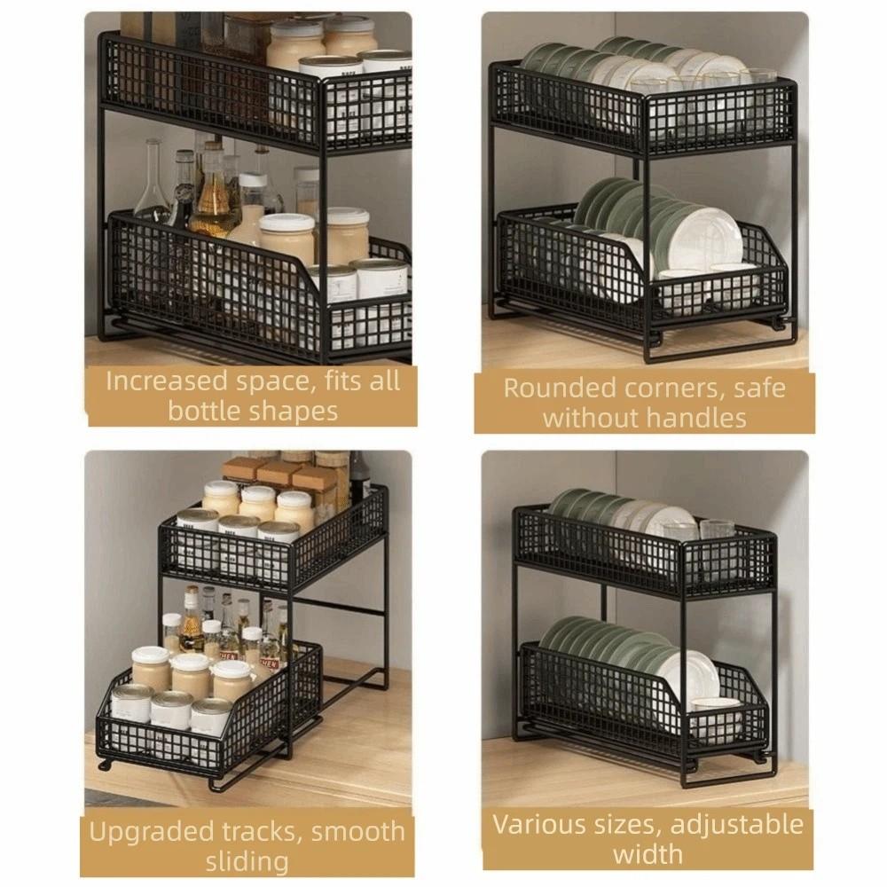Iron Pull Out Storage Rack Stable Frame Sliding Cabinet Basket 2 Tier Storage Basket  Bathroom