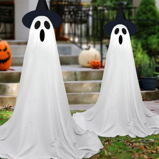Yousheng Halloween Ghost Decoration Outdoor Standing Ghost with Witch Hat Light Up Spooky White Cloth Ghost for Porch Yard Garden Lawn Decor