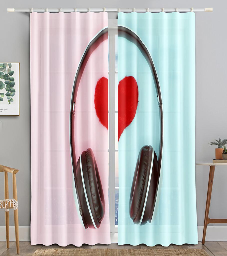 Earphone Music Red Heart Pink WaveBlackout Window Curtain for Living Room Bedroom Bathroom Kicthen Door Cupboard Decor Hooks