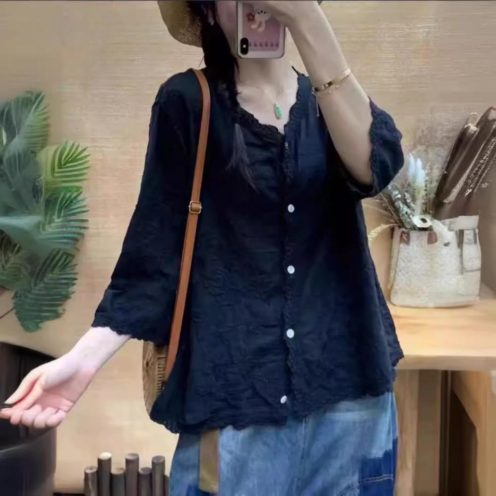 

Niche однотонный повседневный универсальный однобортный топ с вышитыми цветами летняя тонкая литературная рубашка One size чёрный