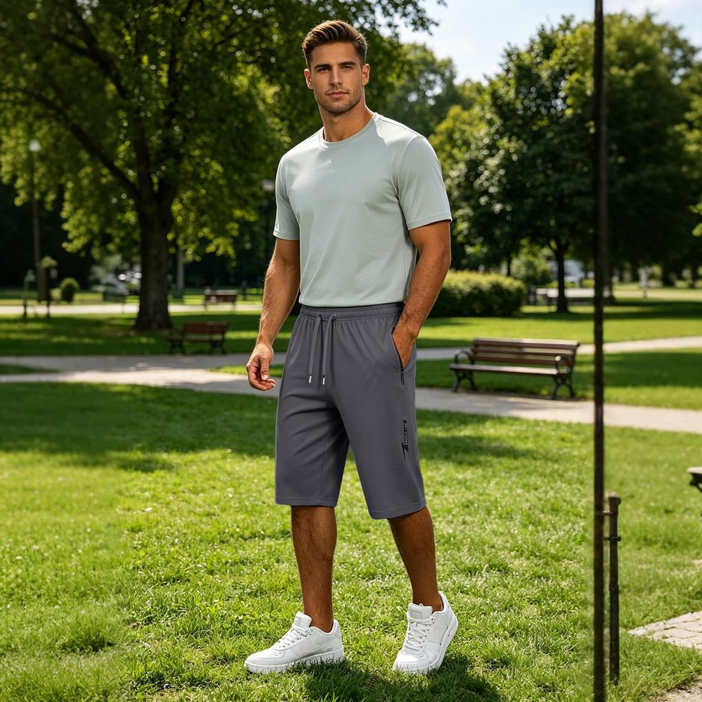 Men’s Ultra Lightweight Stretchy Ice Silk Seven Tenth Length Pants with Elastic Waistband and Zipper Pockets for Everyday Wear