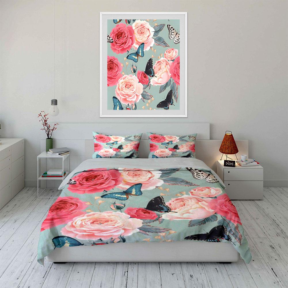 Romantic Butterflies And Roses Bedding Set For Kids Luxury Gift 3Pcs Digital Print Comforter Set Soft Comfortable Breathable