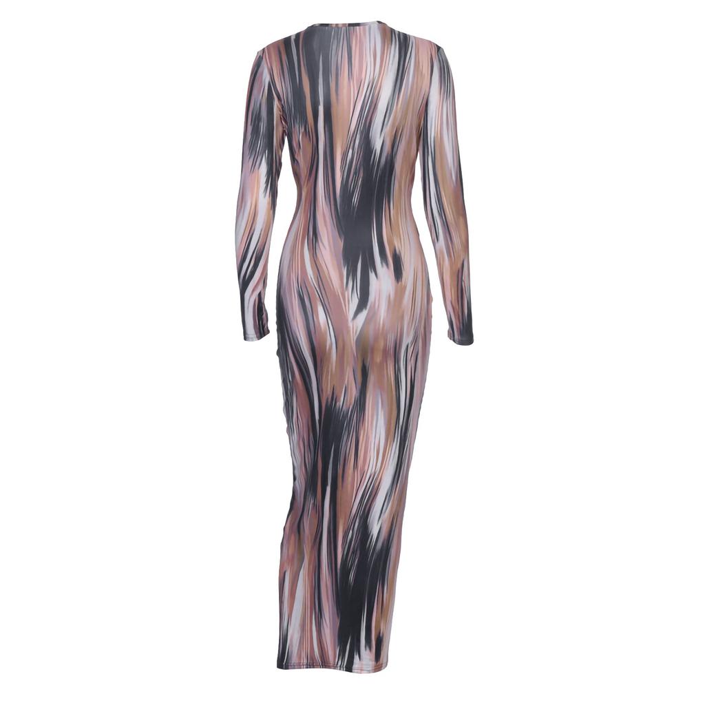 Fashion Womens Loose Personality Print Long Sleeve V-neck Dress Casual Dress