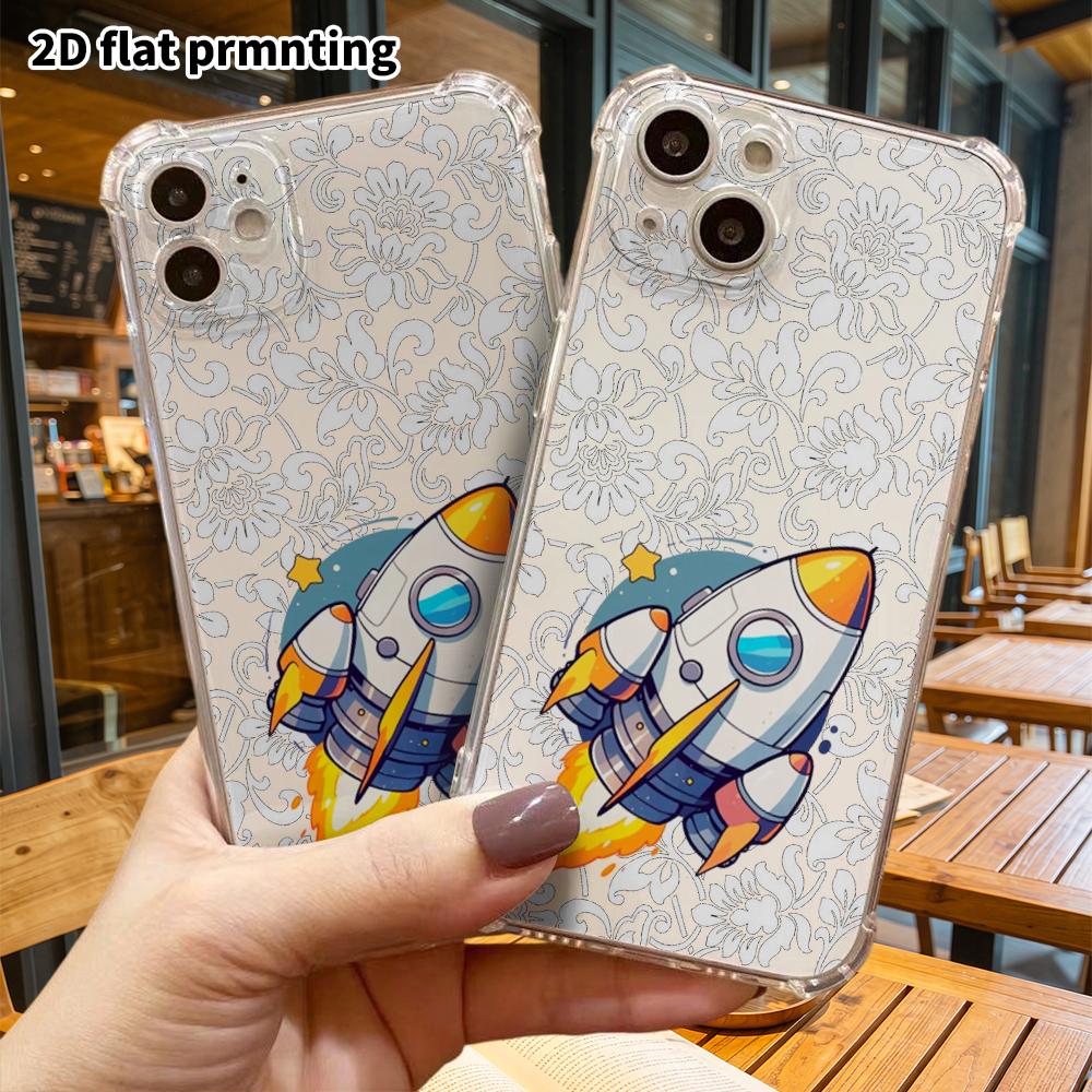 Phone Case: 2D Flat Suitable for iPhone 18 17 16 15 14 13 Pro, Transparent Four Corner Protective Case, Cartoon Rocket, Christmas and Halloween Gift