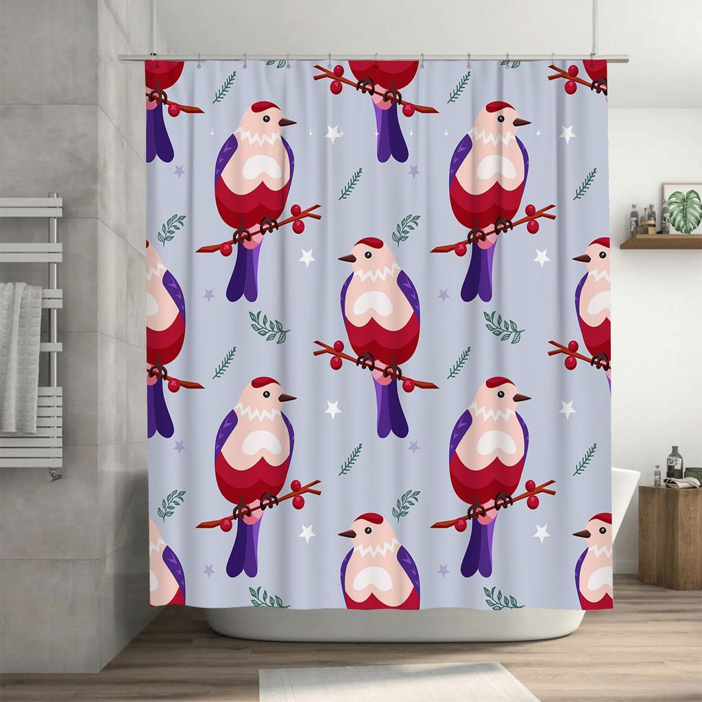 Christmas-Themed Shower Curtain Featuring Colorful Birds With Red Berries, Suitable For Bathroom Decor During Festive Seasons 3D