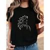 Plus Size Women Line Drawn Horse Head Print Black Short Sleeve Casual Tee