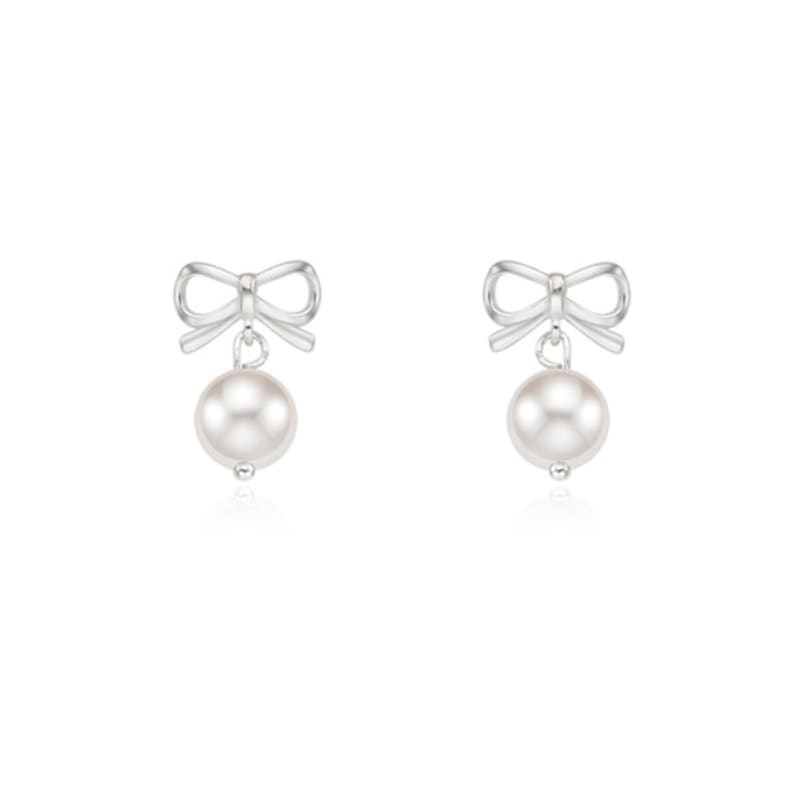 eenie beenie silver ribbon pearl drop earrings