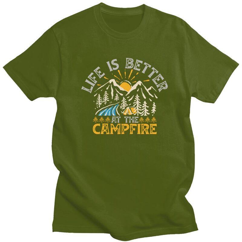 Custom Life Is Better Campfire Mountain Camping T Shirt for Men Pure Cotton Tshirt Fashion Tees Tshirt Loose Fit Clothing Gift