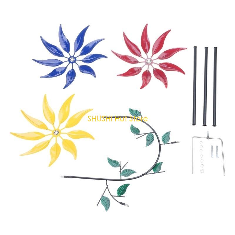 Large Metal Wind Spinner with Three Spinning Flowers Butterflies Windmill Decor D57B