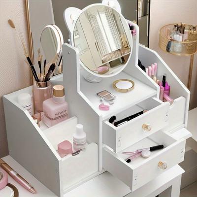 Portable Makeup Organizer with Built-In Mirror | Freestanding, Multi-Compartment, Easy Assembly, Cosmetic Storage Box for Vanity, User-Friendly Design