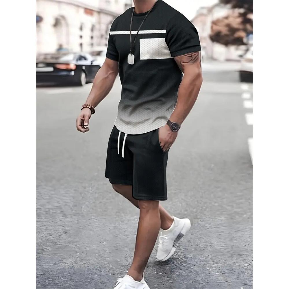 Summer Fashion Men's Patch Printed Short Sleeved Shorts Set, Outdoor Sports Breathable Short Sleeved Elastic Drawstring Shorts