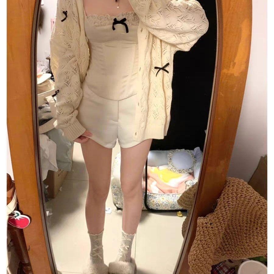 Sweet Bow Knitted Cardigan Women Kawaii Hollow Out Knitwear Japanese Fashion Vintage Preppy Style Casual Sweaters Loose